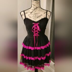 The Grave Girls/ Dolls Kill Black & Pink Lace-Up Corset Dress w Zip Closure. Sm